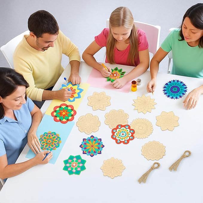 Blosssound 40 Pcs Unfinished Wood Mandala to Paint Wooden Mandala Painting Crafts Diwali Art Slices for Adult to Relax Painting DIY Crafts Ornament Wedding Home Decorations, 4 Inch(Elegant)