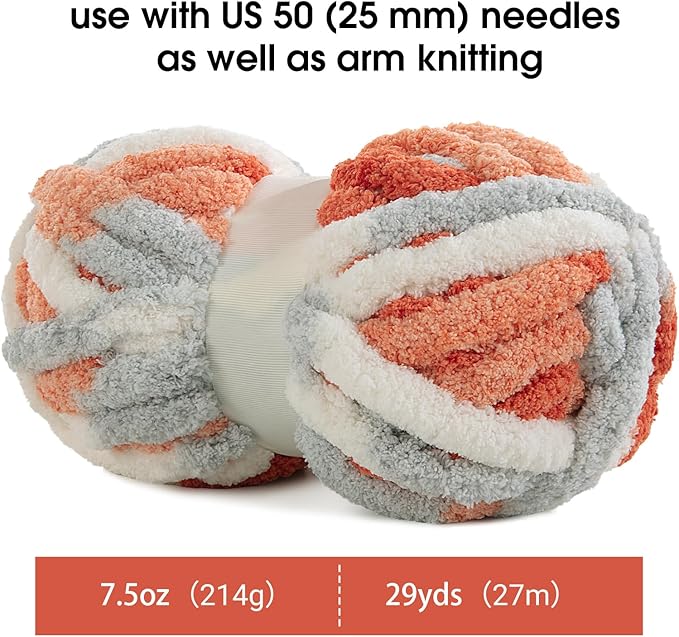 MABOZOO Tie Dye Chunky Yarn for Crocheting 8 Pack,Fluffy Jumbo Chenille Yarn,Soft Plush Yarn Bulky,Giant Thick Fuzzy Yarn for Hand Knitting or Arm Knitting,Orange & Grey (26 yds,8 oz Each Skein)