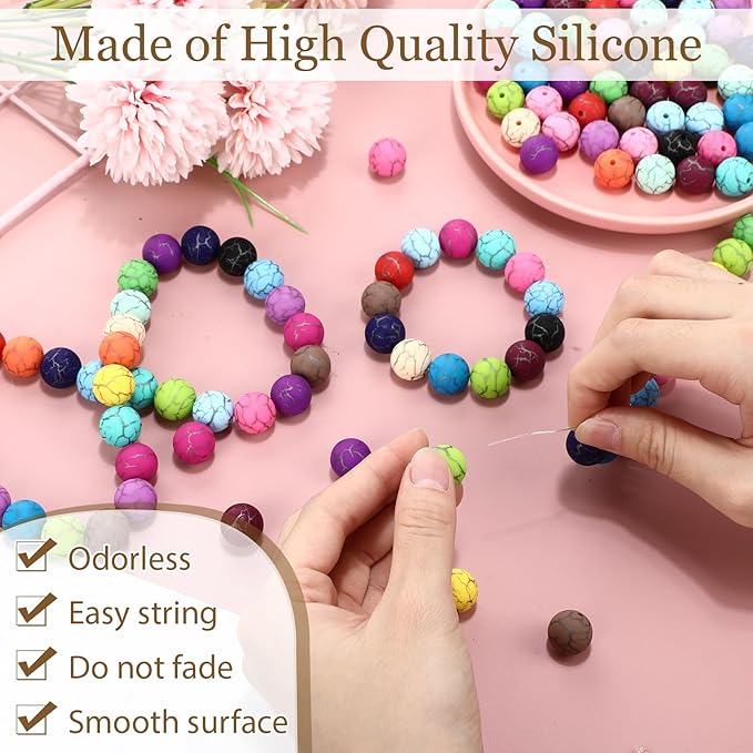 Ferreve 120 Pcs 15mm Silicone Beads Bulk Silicone Beads Print Rubber DIY Bracelet Making Kit for Keychain Making Pens Necklace Jewelry(Crack)