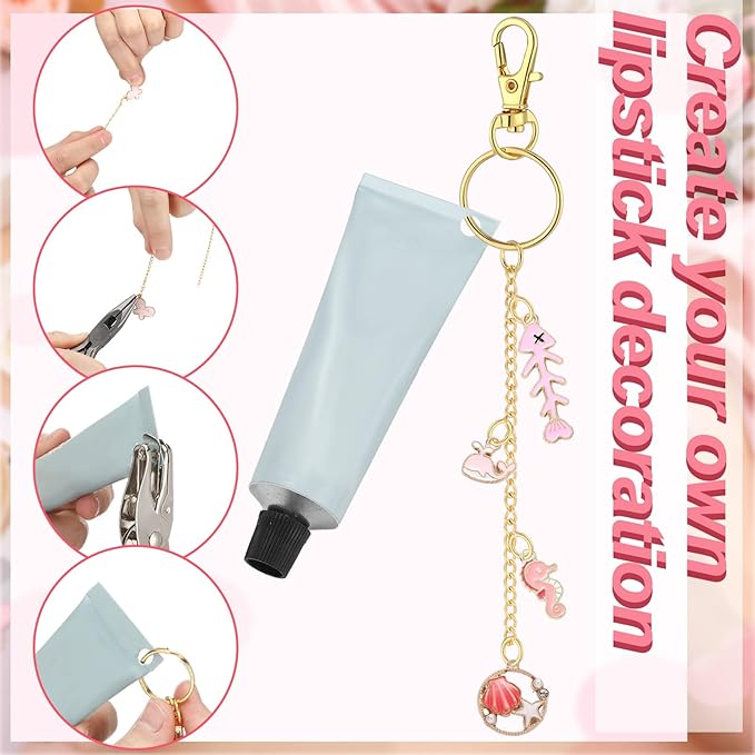 VioraWhite 213 Pcs Valentines Lip Gloss Keychain Making Kit 100 Pink Enamel Charms 32.81 ft Gold Chains for Galentines DIY Crafts Women(Elegant)