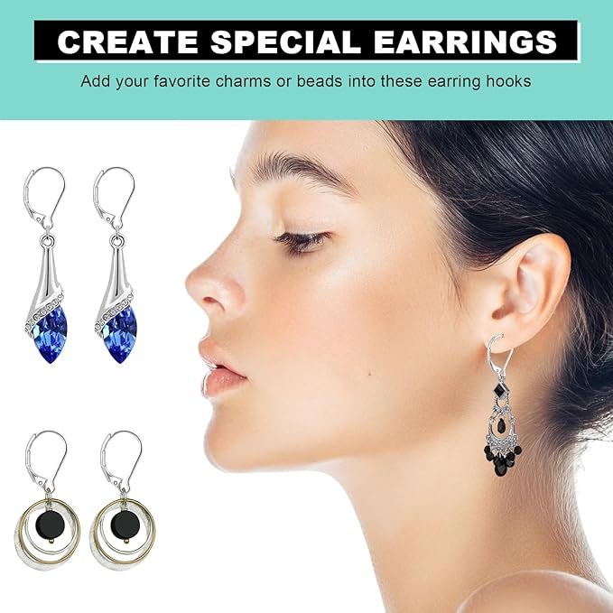 50pcs stainless steel lever back earring clasps, leverback french earring hooks, hypoallergenic ear wire findings for making dangles earrings, smooth to open & close, 10x16mm for jewelry making