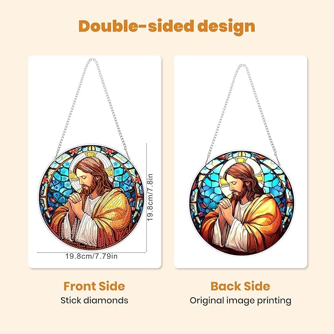 MXJSUA Diamond Art Hanging Kits for Adults Beginners, Stained Glass Jesus DIY Acrylic Special Shaped Crystal Diamond Gem Art Pendant Drills Painting Ornament for Home Wall Decor and Gift