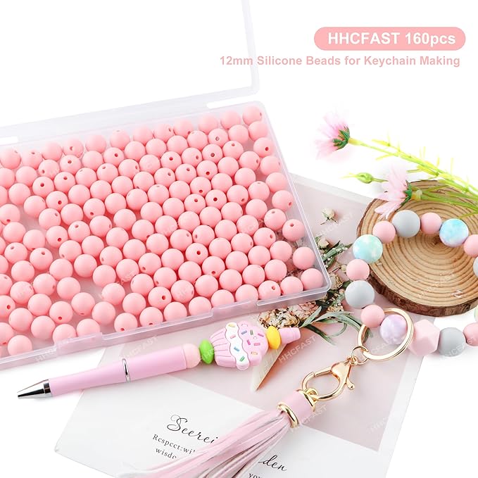 160Pcs 12mm Silicone Beads for Keychain Making Bracelet Necklace, Bulk Round Silicone Beads for Pens(Candy Pink)