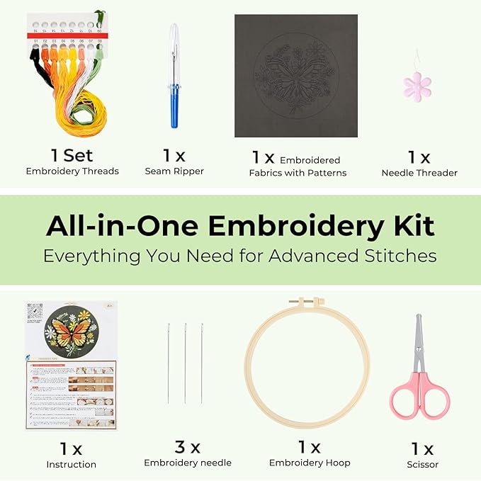 htvront embroidery kit for beginners, butterfly embroidery kits with step-by-step video tutorials only 6 stitches, beginner embroidery kit for adult, needlepoint kits for adults with stamped patterns