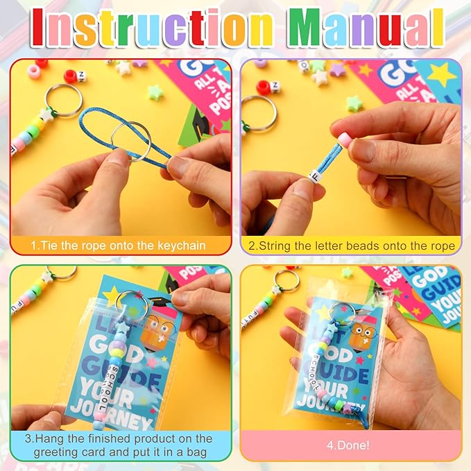 Suncalla 984 Pcs 24 Set Religious Graduation Keychain Craft Kit DIY Christian Congrats Grad Gift Keychain Making Kit Adjustable Bead Letter Beads Cards String for Blessings to Graduate Party Supply