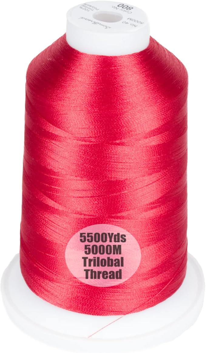 Simthread Trilobal Polyester Thread – 5000M (5500yds) No.40 – Super Sheen, Tangle-Free – Built-in Thread Lock Spool – Compatible with Brother, Singer, Janome & More, Red-800