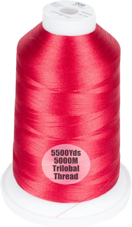 Simthread Trilobal Polyester Thread – 5000M (5500yds) No.40 – Super Sheen, Tangle-Free – Built-in Thread Lock Spool – Compatible with Brother, Singer, Janome & More, Red-800