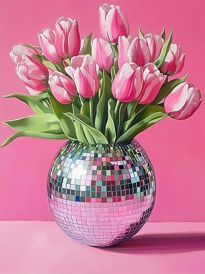 Pink Tulips Diamond Art Kits for Adults, Diamond Painting Kits for Adults for Beginners, DIY Pink Flowers Diamond Dots Art Kits, 5D Full Round Drill Gem Art Painting Kits for Home Decor, 12x16 inch