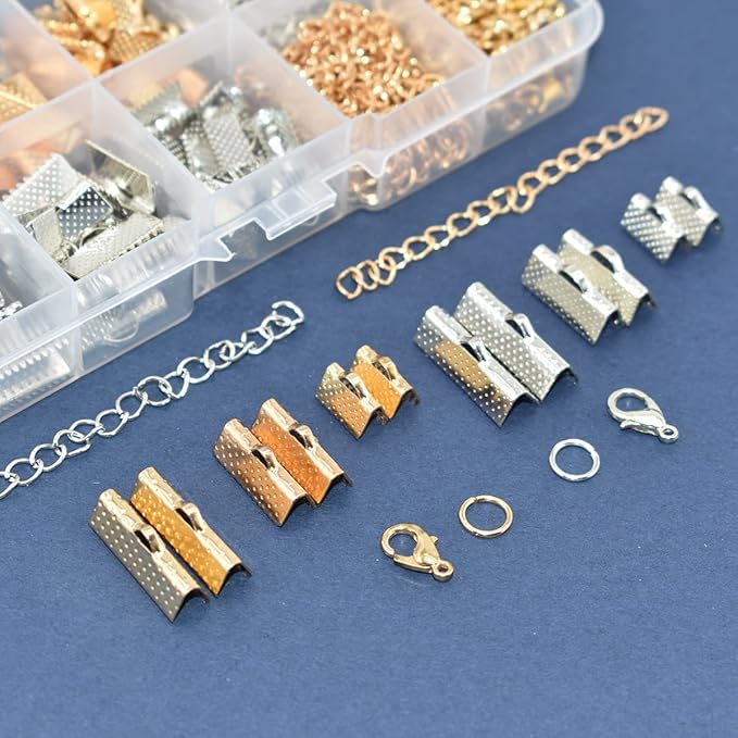 373Pcs Ribbon Bracelet Kit for Jewelry Making Ribbon End Crimps Lobster Clasps Awith Jump Rings and Chain Extenders for DIY Making Bookmark Pinch Bracelet Choker Necklace (Gold and Silver)