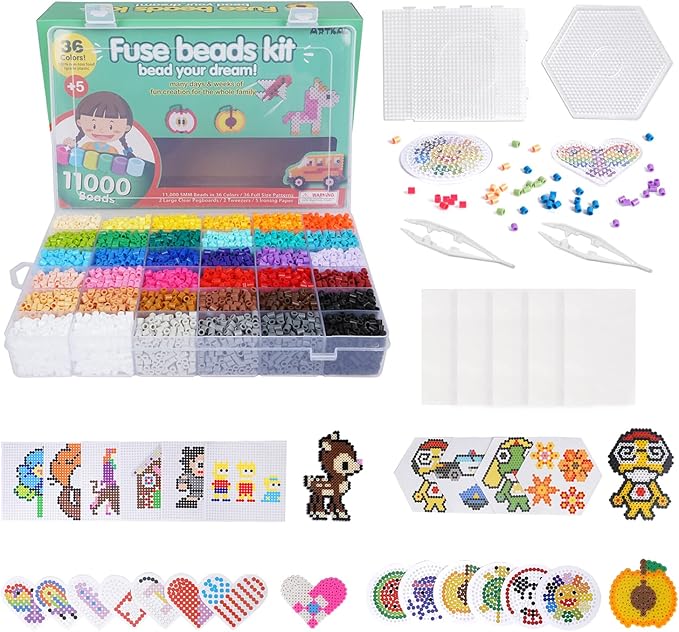 artkal fuse beads kit 36 colors 11,000pcs 5mm melty beads kit with 5 pegboards 2 tweezers 48 patterns 2 ironing paper