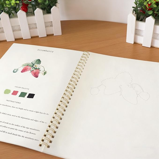 Watercolor Workbook, Water Coloring Book, 12 Different Patterns of Original DIY Designs, 12 Colors Watercolor Paint Set with Palette and Brush, Beginner-Friendly Watercolor Workbooks（Fruits）