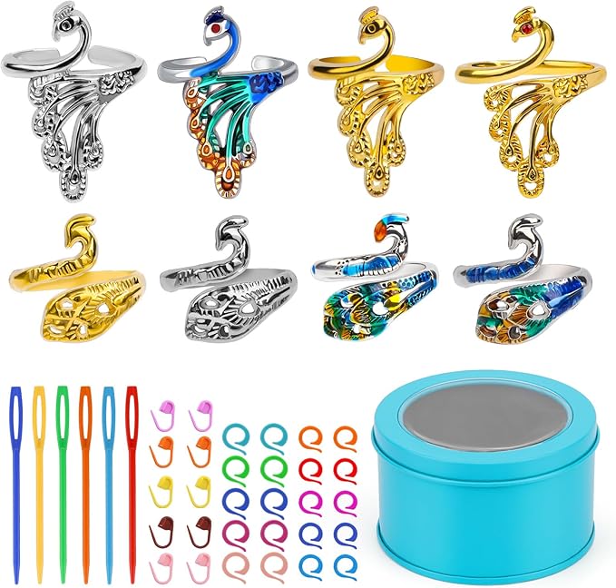 Yizzvb 34 Pcs Adjustable Crochet Ring Set, 8 Pcs Knitting Ring, Tension Thimble for Crocheting, Thimble for Finger, Stitch Markers Plastic Needles for Beginners, Crochet Accessories with Storage Box