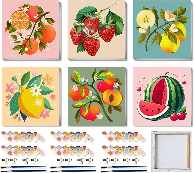 SYDYLH 6 Pack Framed Paint by Numbers Kit for Kids,Easy Acrylic Paint by Numbers Kits on Canvas,Fruit Oil Painting Paint by Number for Adults Beginners for Home Wall Decor (8x8inch)