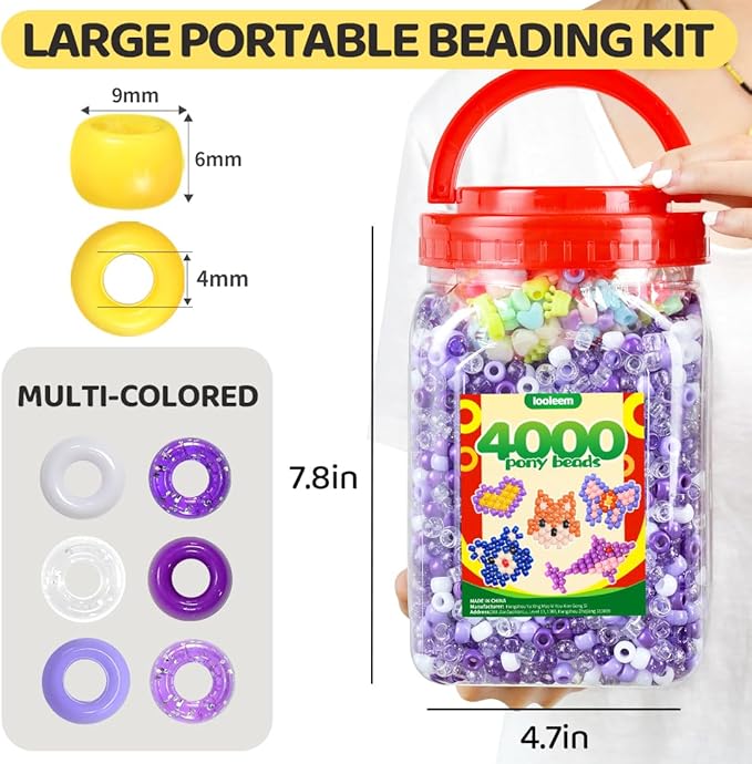 iooleem purple solid & glitter bulk pony beads - 4000pc kit for friendship bracelets & jewelry making, easy storage