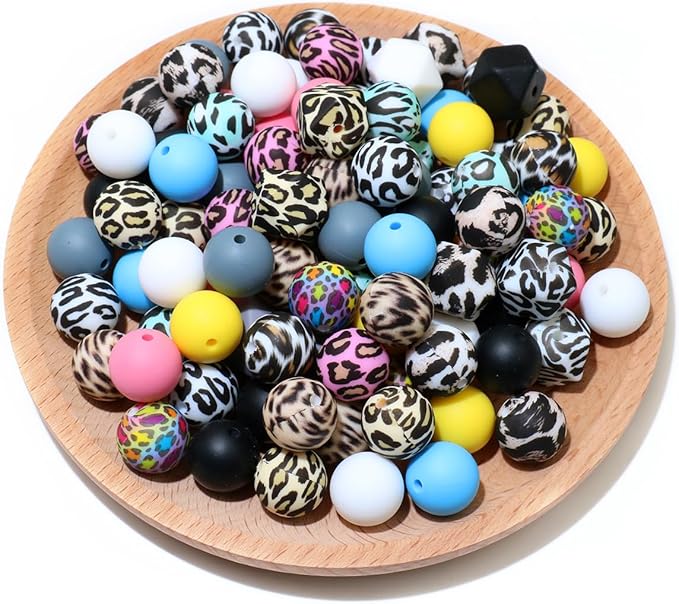 96Pcs 15mm Silicone Beads Bulk Leopard Focal Silicone Beads for Keychain Making Necklace Jewelry DIY Bracelet Making Supplies Kit (Leopard)