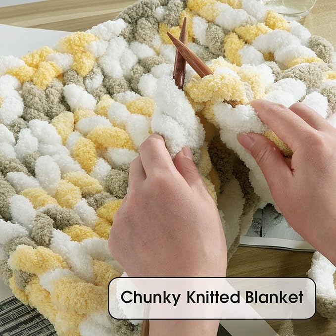 HOMBYS Chunky Tie Dye Mix Chenille Yarn for Hand Knitting, Super Bulky Jumbo Yarn for Crocheting, 3/4" Thick Soft Plush Yarn for Blankets, 8 Skein Pack (26 yds / 7.5 oz Each) White Yellow Brown