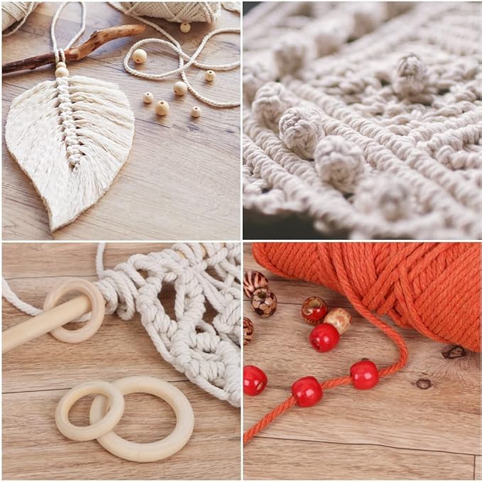 UHAPEER Macrame Kits for Adults Beginners, DIY Macrame Plant Hanger Kit and Macrame Supplies, with 3 mm Macrame Cord Cotton, Macrame Meads, Wooden Rings, Dream Catcher Rings, Craft Kits for Adults