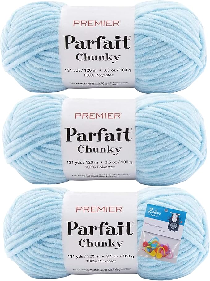Premier Yarns Parfait Chunky Chenille Yarn 3.5 Oz 6 Super Bulky Weight 3 Pack Bundle with Bella's Stitch Place Holders (Light Blue)