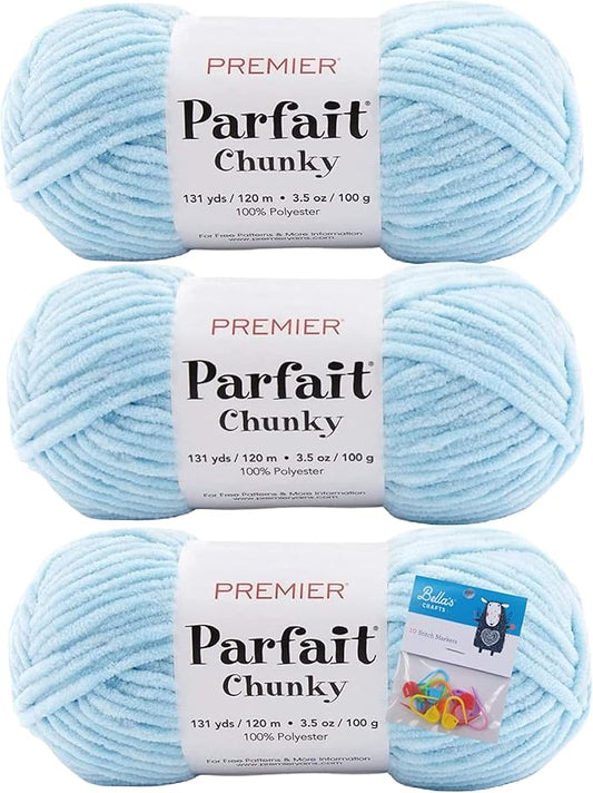 Premier Yarns Parfait Chunky Chenille Yarn 3.5 Oz 6 Super Bulky Weight 3 Pack Bundle with Bella's Stitch Place Holders (Light Blue)