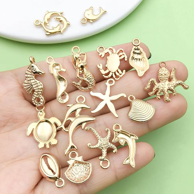 Sailanzi 100pcs KC Gold Underwater World Style Series Pendant Jewelry Making DIY Keychain Earrings Pendant Various Design Charms for Jewelry Making Bracelets Necklace(SN884)