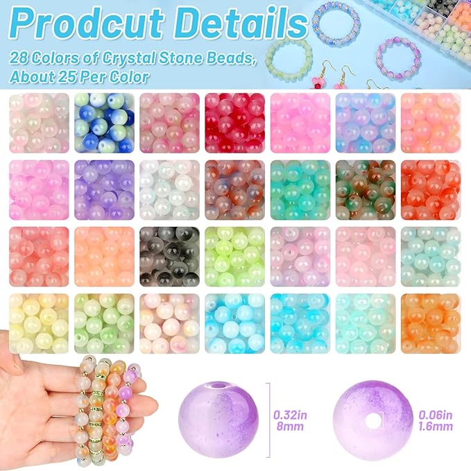 shynek 700 Piecess 8mm Glass Beads for Jewelry Making, 28 Bicolors Glass Crystal Beads Bracelet Making Kit for Bracelet Jewelry Making and DIY Crafts (GGB-8)