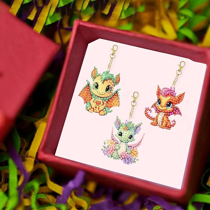 Masendp 8 Pieces Diamond Painting Keychain Cartoon Style Diamond Art Jewelry Double Sided 5D Diamond Painting Kit for Beginners Adult DIY Art Craft Gift Home Decor (Dragon)