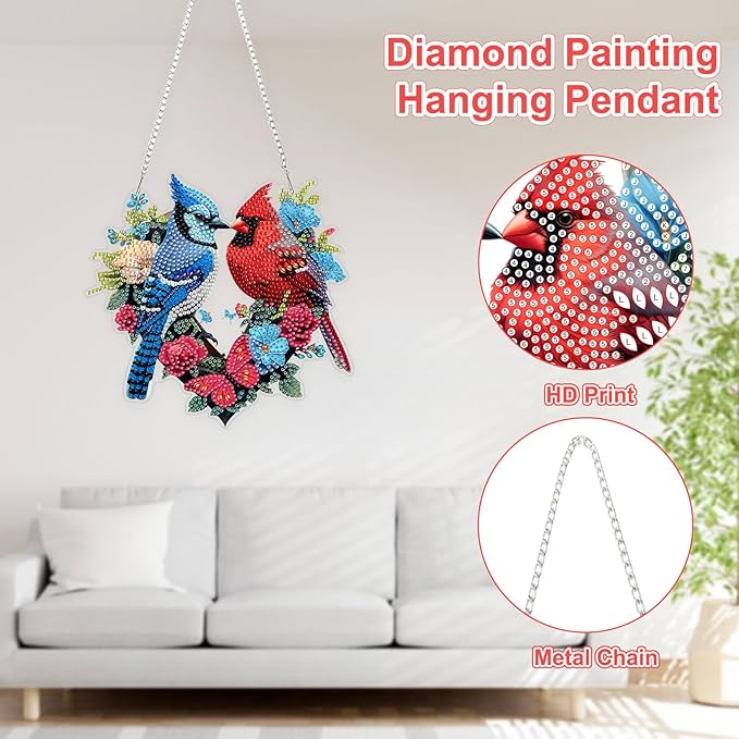 TOSTOG Bird Diamond Art Hanging Kits for Adults, Cardinal Bluebird Diamond Painting for Adults Window Pendant, Special Shape Diamonds Diamond Painting Hanging Pendant Kit for Decor Gift