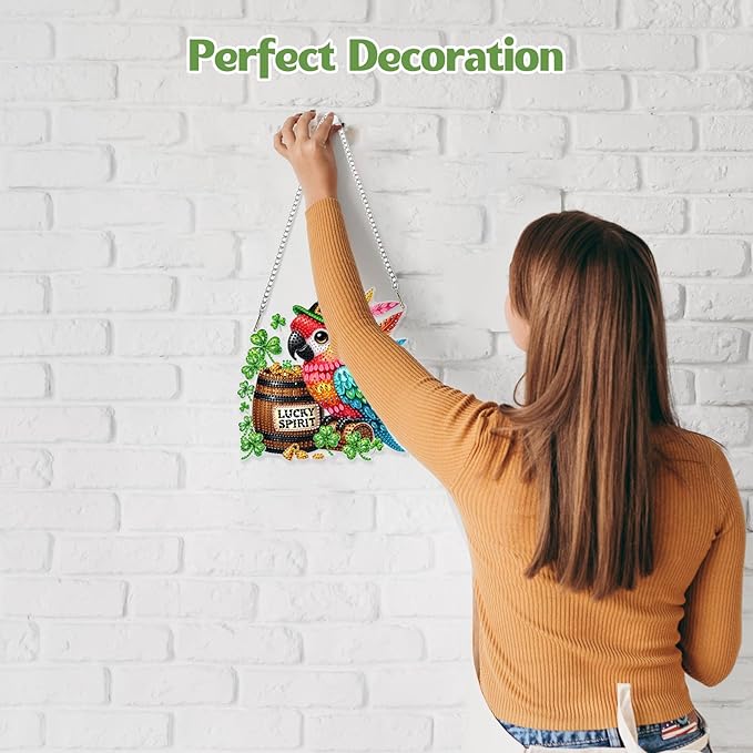 GHHKUD Macaw Diamond Art Hanging Kit for Adults, DIY Double Sided Diamond Painting Hanging St.Patrick's Day, Special Shaped Acrylic Ornaments Pendants for Window Home Garden Wall