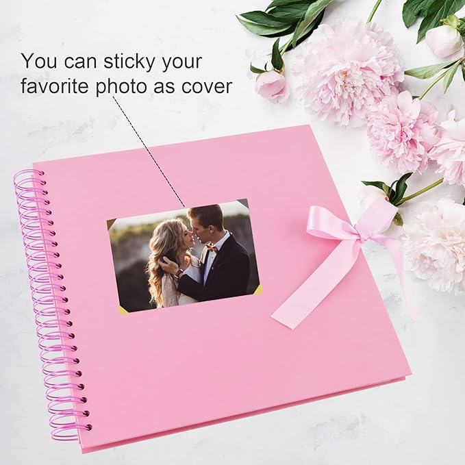 GOTIDEAL 12 x 12 Inch Scrapbook Album with 10 Metallic Markers,80 Pages Craft Paper Photo Album for Wedding and Anniversary, Family DIY Photo Album with Scrapbooking Stickers Corners(Pink)