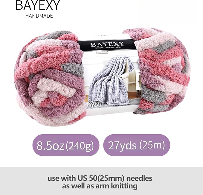 Chunky Chenille Yarn for Hand Knitting 8 Jumbo Pack Jumbo Chunky Yarn for Hand Soft Blanket Knitting, Bulky Thick Fluffy Yarn for Crocheting (Cherry Blossom+Kitten Color)