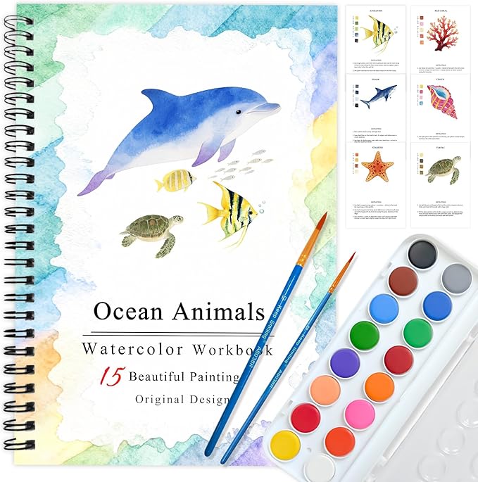 SLWBZ Watercolor Workbooks Coloring Book, Beginner Friendly Painting Kit, Easy Exquisite with Steps, Creative Exploration Watercolor Book with Paint Set for Adults Teens (Dolphin, with Paint)