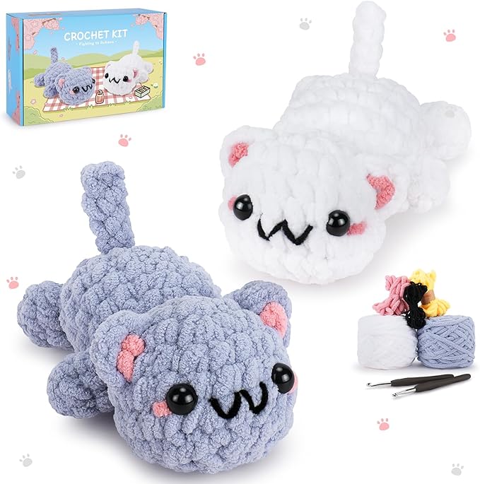 Crochet Kit for Beginners-2PCS Kitty Crochet Kit with Step-by-Step Video Tutorials, Crochet Starter Kit for Adults, Learn to Crochet Cats, Beginner Crocheting Kit Easy Peasy Yarn Gifts for Birthday