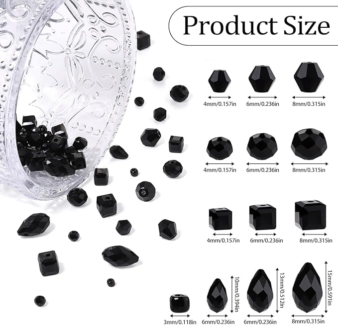 Song Xi 1500PCS Glass Beads for Jewelry Making, Assorted Faceted Crystal Beads Kit for Bracelet Earring Necklace, for DIY Clear and Iridescent Christmas Gift (Black) ﻿ ﻿