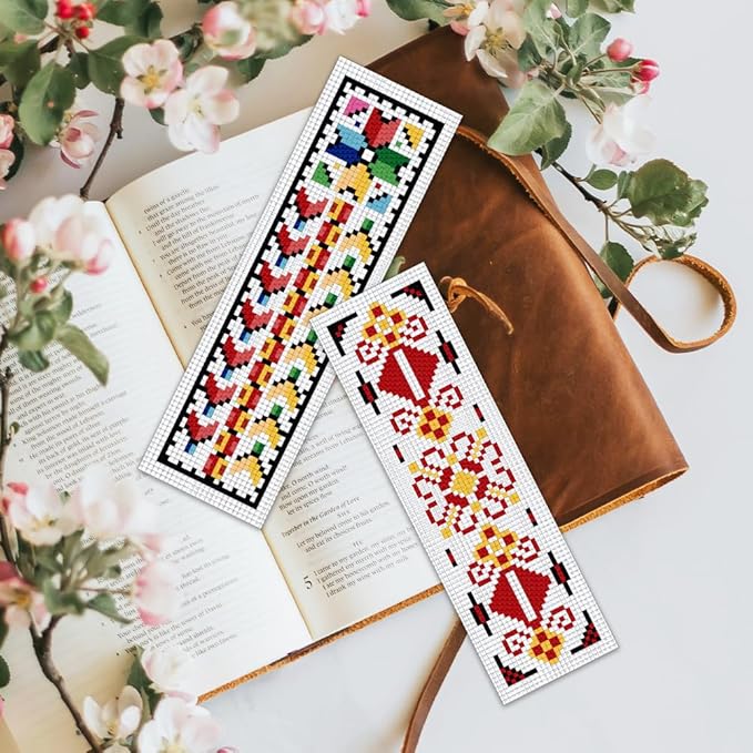 BEUNITONE Cross Stitch Bookmark Kits 6 Pcs Traditional Decorative Patterns Counted Cross Stitch Kit Hand Stamped Embroidery Kit for Beginners Floral Fabric Bookmark Making Kit DIY 8''x2.4''