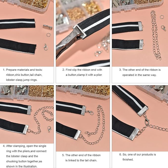 373Pcs Ribbon Bracelet Kit for Jewelry Making Ribbon End Crimps Lobster Clasps Awith Jump Rings and Chain Extenders for DIY Making Bookmark Pinch Bracelet Choker Necklace (Gold and Silver)