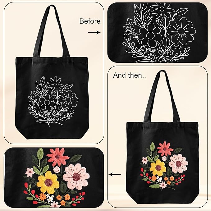 louise maelys canvas tote bag embroidery kit for beginners,cross stitch kits for adults,arts and diy crafts needlepoint include flower pattern,women shopping reusable grocery bags