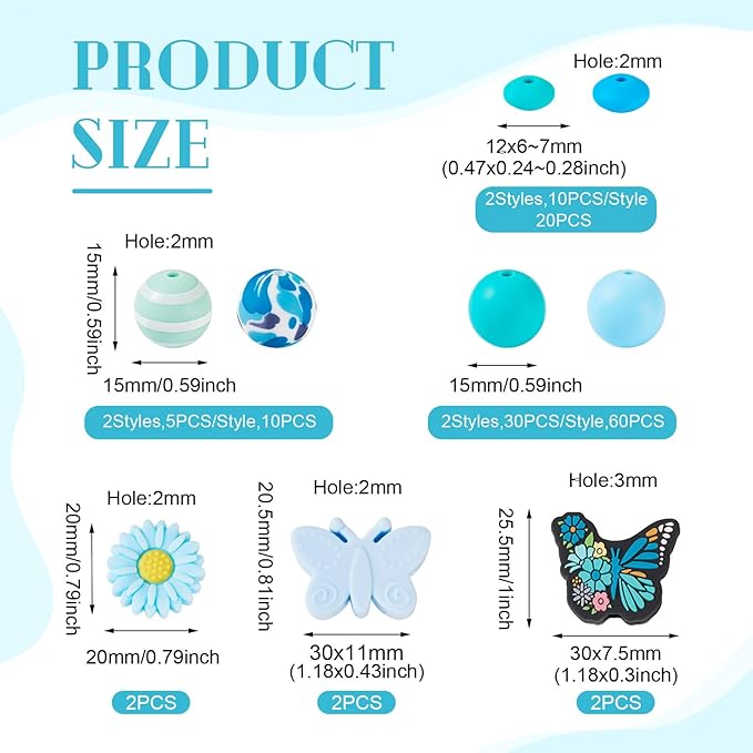 96 Pcs Butterfly Silicone Beads for Keychain Blue Silicone Focal Beads for Bracelet Making Rondelle Flower Daisy Bead for Women Jewelry Making DIY Birthday Supplies