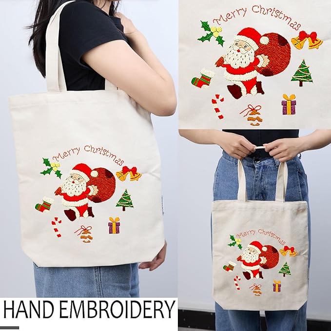 CREAWONDER Canvas Tote Bag Embroidery Kit with Pattern for Beginners, Arts and DIY Embroidery Crafts Kits for Adults, Include Instructions, Thimble, Embroidery Hoops, Color Threads and Tool