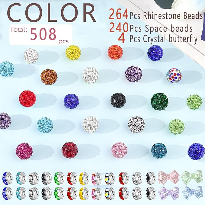 508pcs Rhinestone Handcrafted Beads, Including 264pcs Disco Ball Clay Rhinestone and 120pcs Spacer Beads Necklace Jewelry Making,DIY Shambhala Disco (10mm Multicolor)