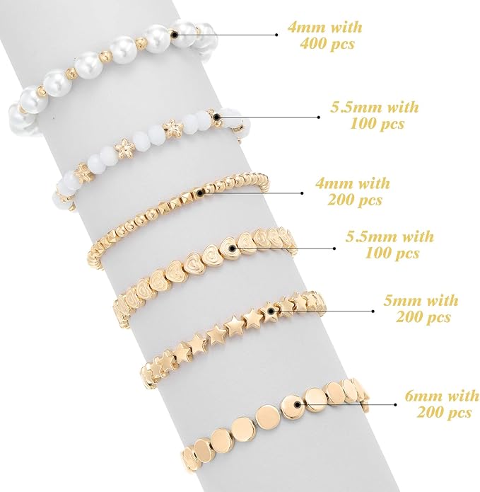 Hicarer 1200 Pieces Gold Spacer Beads Set Bead Bracelet Making Kit for Jewelry Making Assorted Star Round Flower Pony Beads for Friendship Bracelets DIY Crafts Gifts
