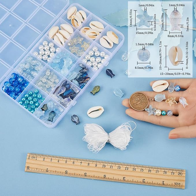 SUNNYCLUE 1 Box 251Pcs Fish Glass Beads Starfish Beads Bulk Natural Seashell Beads Summer Ocean Sea Animal Beading Double Sided Small Fish Starfish Beaded 8mm Round Beads for Jewelry Making Kits