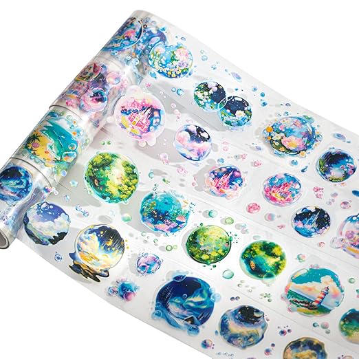4 Rolls Bubble World PET Sticker Tape Set, Pre-Cut Bubble Scene Designs - Each Roll 1.97in x 78.74in for Scrapbook Journal Planner, DIY Crafts, Cards, Gift Wrap