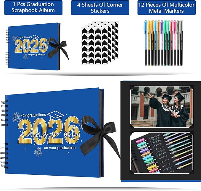 80 Pages Graduation Scrapbook Kit 11 x 8 Inch Photo Album of 2026 Graduation Decoration with 12 Metal Pens and 4 Sheets Stickers for DIY School Congrats Grad Memory Book to Sign(Blue)