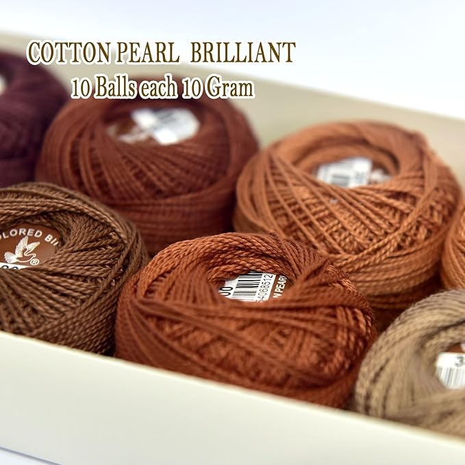 Double Mercerized Egyptian Long Staple Cotton Pearl Thread Ball 10 Grams Rainbow Color Embroidery Thread 10 Colors per Box for Crochet Hardanger Cross Stitch Hand Embroidery,caffee Series