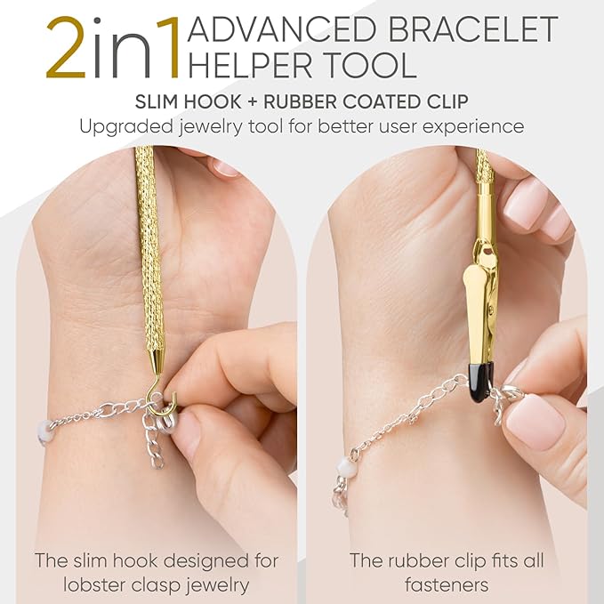Bracelet Helper Tool with Hook - Fastener Helper Tool for Bracelet, Necklace, Jewelry, Watch - Clip, Clasp Helper - Portable, Easy-to-Use, Made of Metal - Gold