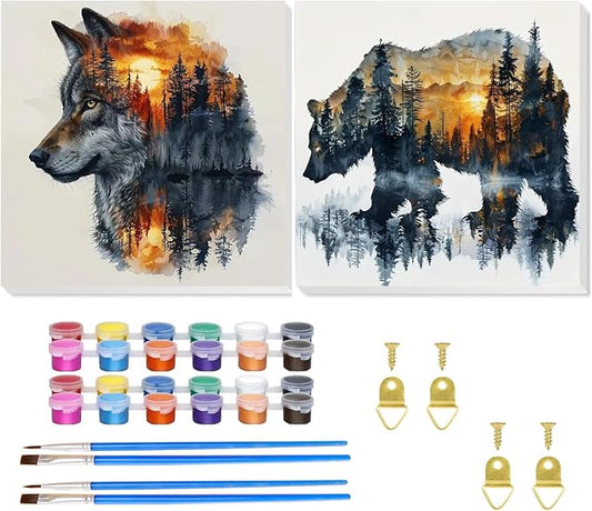 2 Pack Paint by Number for Adults Beginner, Bear Painting by Number Kit, Wolf Easy Acrylic Painting by Number on Canvas, Animal Paint by Numbers for Home Wall Art Decor with frame (11.8x11.8Inch)