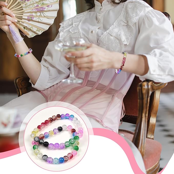TOAOB 200pcs 8mm Mixed Crackle Glass Beads Kit Lampwork 10 Colors Glass Beads Round Loose Spacer Beads Craft Supplies for Bracelets Jewelry Making Accessories and DIY Crafts