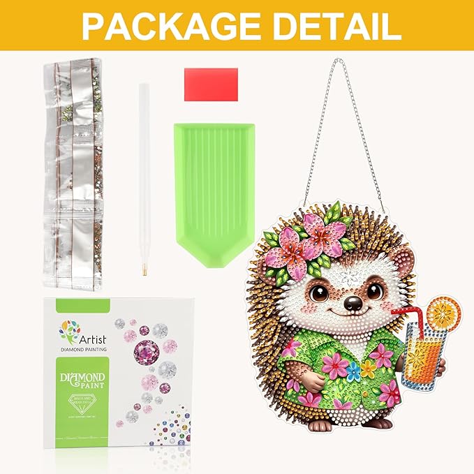 CEOVR Hedgehog Hanging Diamond Art, Cartoon Hedgehog Diamond Painting Pendant for Adults DIY Gem Art Wall Ornament, Acrylic Home Garden Decor with Chain, Box Kit 7.28×7.87inch