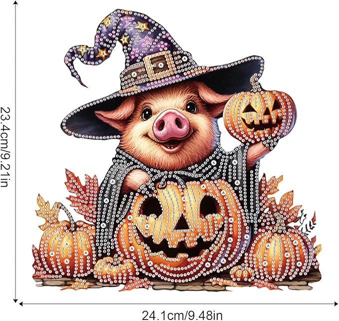 Diamond Art Painting Pendant Kits 5D Diamond Painting Art Hanging Kit Halloween Pumpkin Pig DIY Diamond Crystal Window Door Pendant Kit for Adults Gift Wall Home Halloween Decor (24.1x23.4cm)