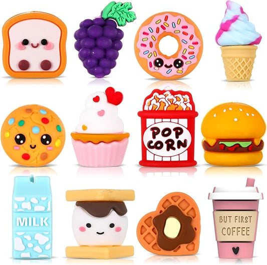 12 Pcs Food 3D Silicone Focal Beads for Pens Food Character Beads Bulk Funny Hamburger Popcorn Ice Cream Donuts Milk for Keychain DIY Crafts Necklace Bracelet Lanyards Making Kit Supplies